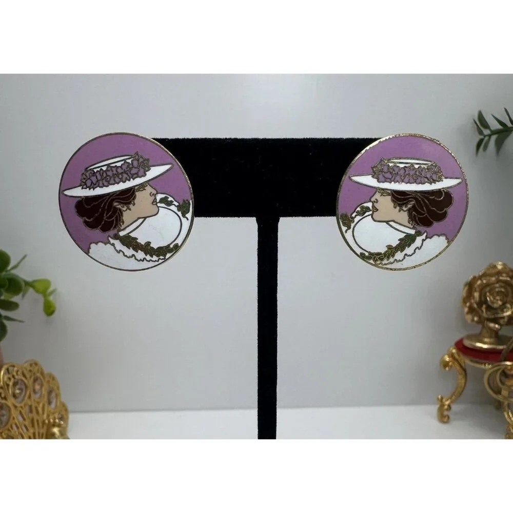 Diana Hansen-Young 1988 Enamel Earrings Vintage Art Nouveau Lady Portrait Rare - Picture 1 of 8